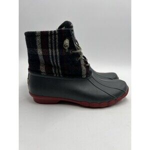Sperry Saltwater Duck Boots Blue/Red Wool Plaid Red Sole Women's 8.5 Sts99716